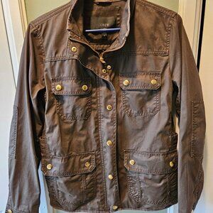 J. Crew Downtown Field Jacket Small S Waxed Cotton Zip Gold Snaps Brown Green